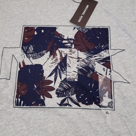 New Mens Michael Kors MK Heather Gray Graphic T Tee Shirt Leaf Abstract Blue XL - Picture 1 of 8